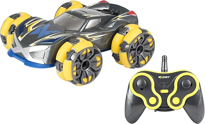 Toy car with yellow wheels and a remote control on a white background