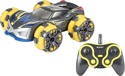 Toy car with yellow wheels and a remote control on a white background