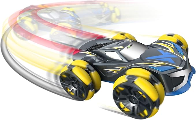 Toy car with yellow wheels on a white background