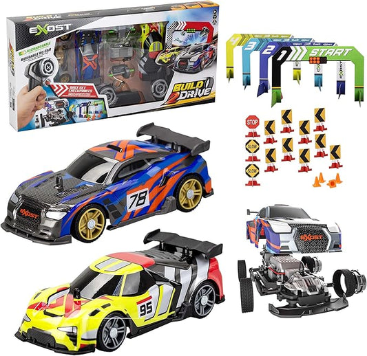 Toy car set with racing cars, track, and packaging on a white background