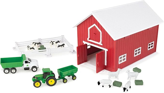 Britains John Deere 24 Pc. Childs Farm Animals & Tractor Toy Playset with Red Barn