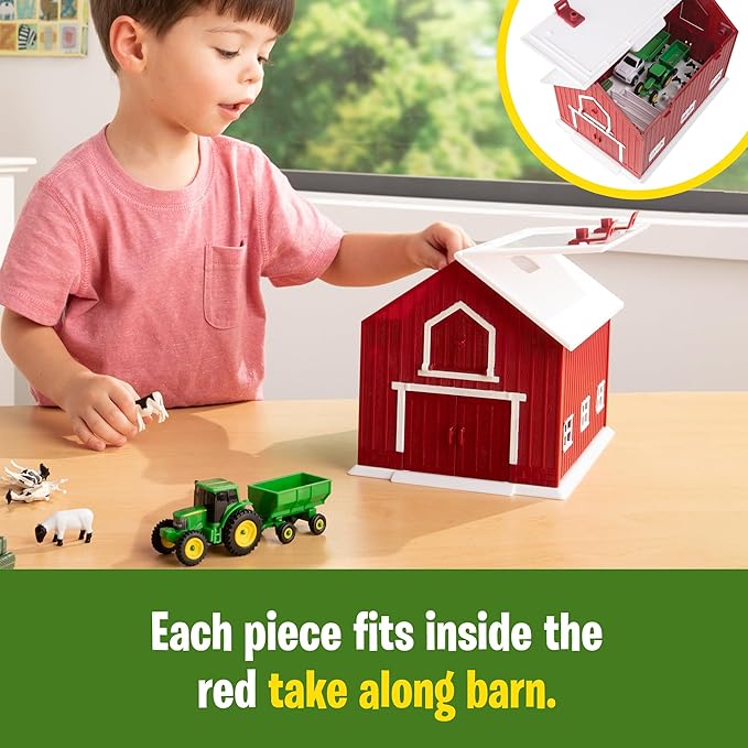 Britains John Deere 24 Pc. Childs Farm Animals & Tractor Toy Playset with Red Barn