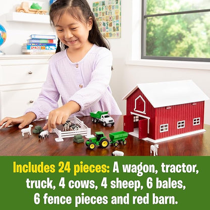 Britains John Deere 24 Pc. Childs Farm Animals & Tractor Toy Playset with Red Barn