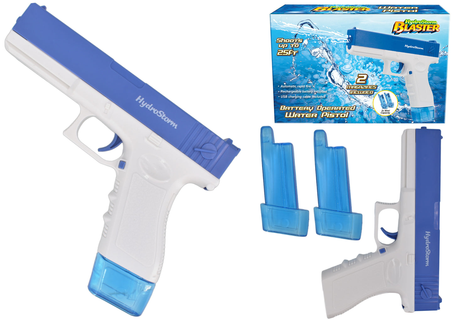 HydroStorm Water Pistol: Rechargable Battery 2 Magazines