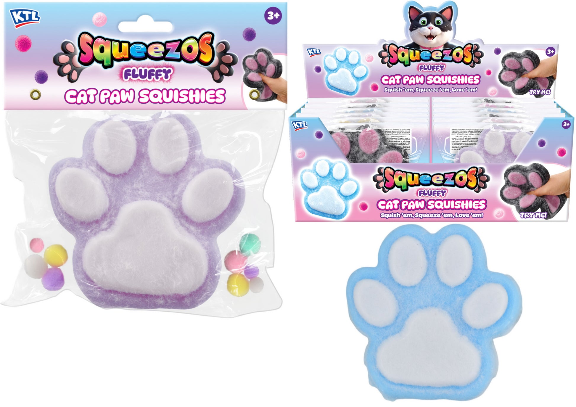 Large Squeezos - Fluffy Cats Paw Squishies With Glitter & Bobbles