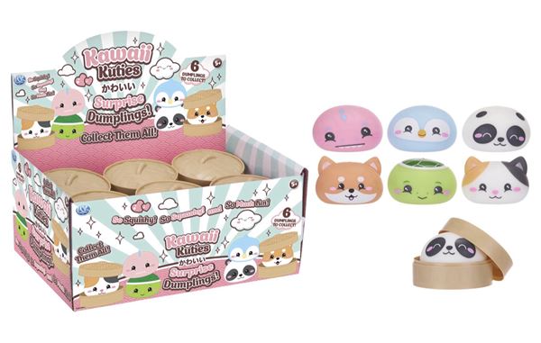 Kawaii Kitties Squishy Dumplings packaging with multiple dumpling toys on a white background