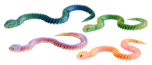 Set of colorful snake toys on a white background
