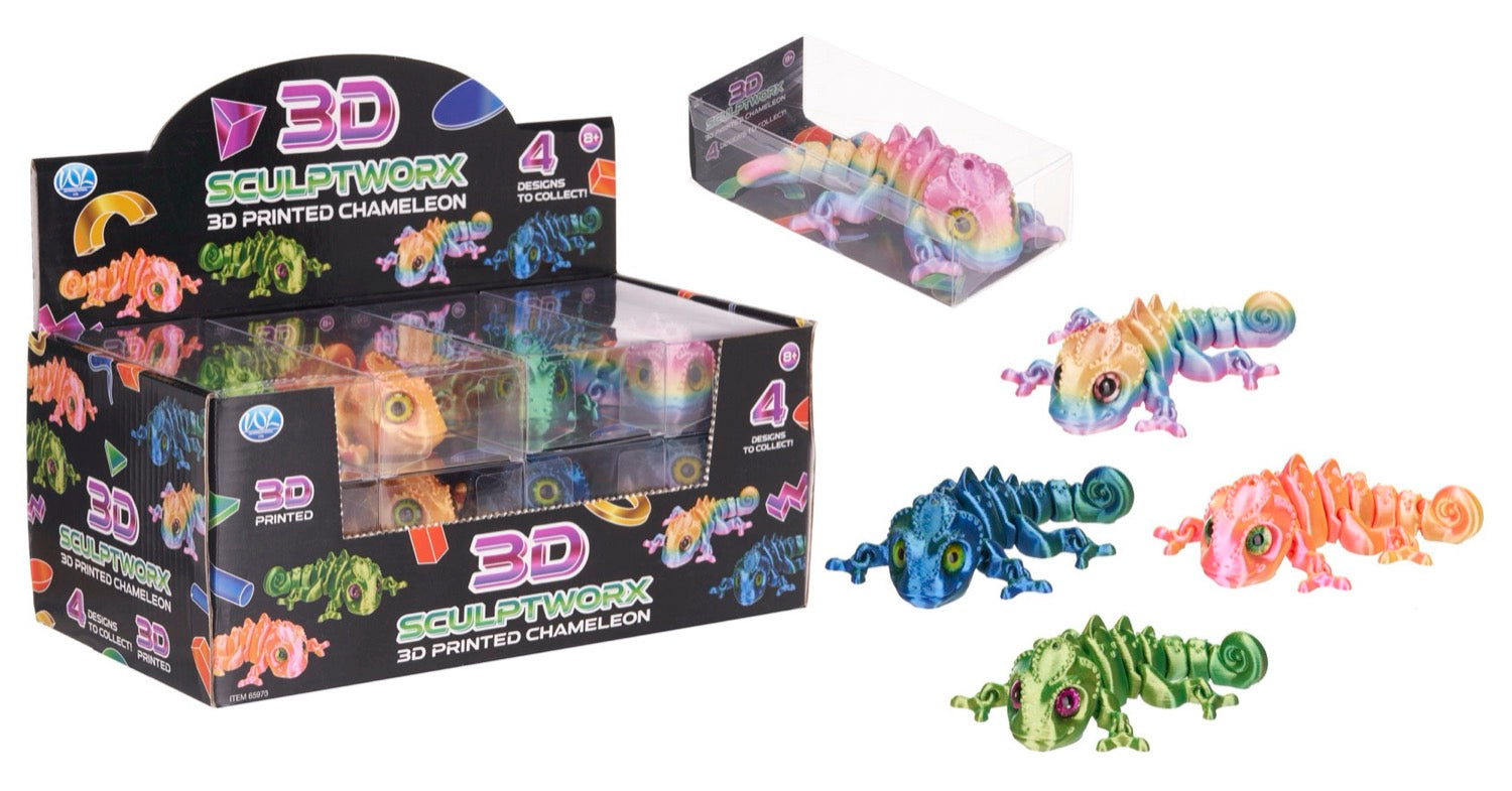 3D printed chameleons with packaging and additional figures on a white background