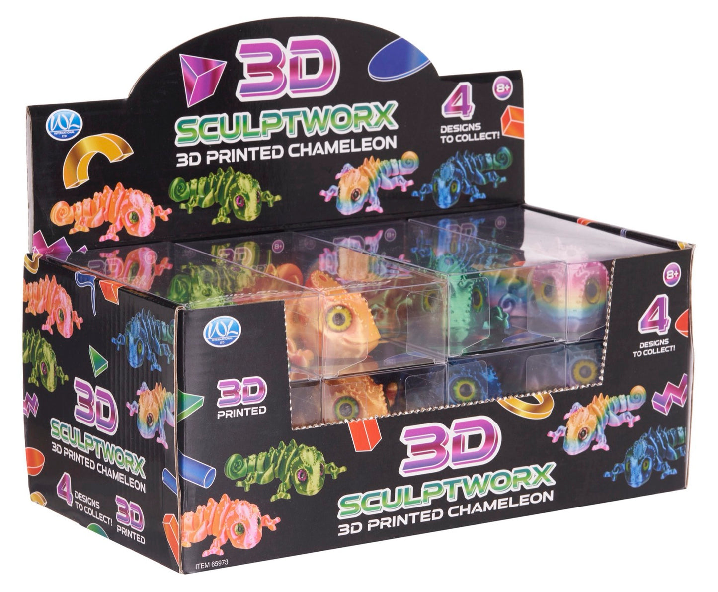 Box of 3D Sculptworx 3D printed chameleons with colorful designs on a white background