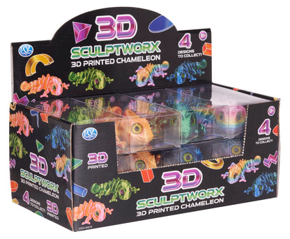 Box of 3D Sculptworx 3D printed chameleons with colorful designs on a white background