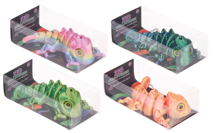 Four colorful 3D chameleon models in clear packaging on a white background