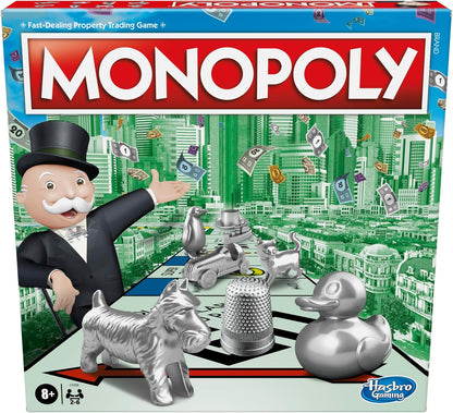 Monopoly game box with man in top hat and cityscape background