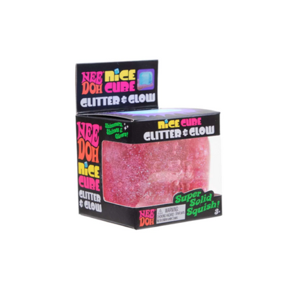 Pink glitter cube with 'Nee Doh' packaging on a white background