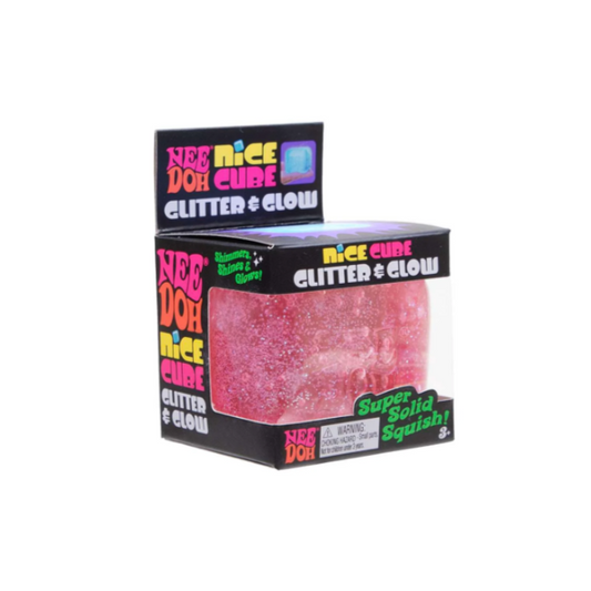 Pink glitter cube with 'Nee Doh' packaging on a white background
