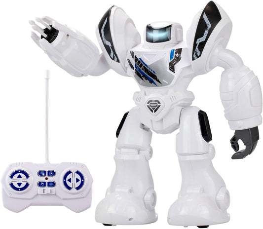 Toy robot with remote control on a white background