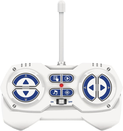 White remote control with blue buttons on a white background