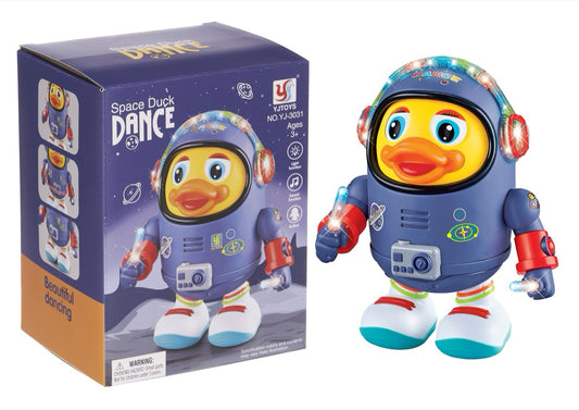 Toy dancing duck in space suit with packaging on a white background