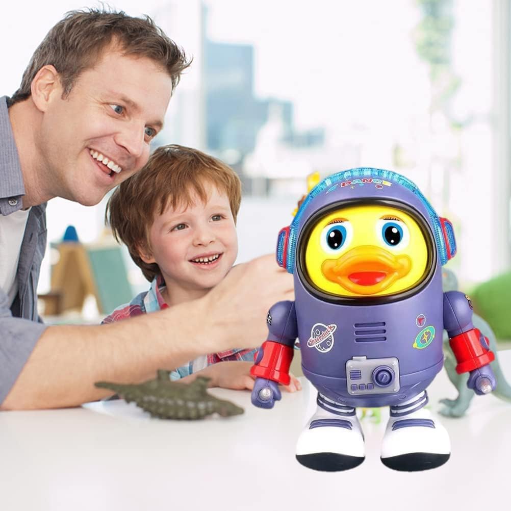 Child and adult playing with a robot duck toy in a bright room.