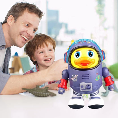 Child and adult playing with a robot duck toy in a bright room.