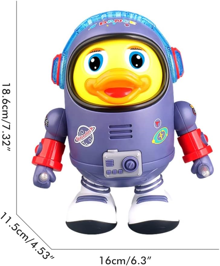 Toy duck in an astronaut suit with measurements on a white background