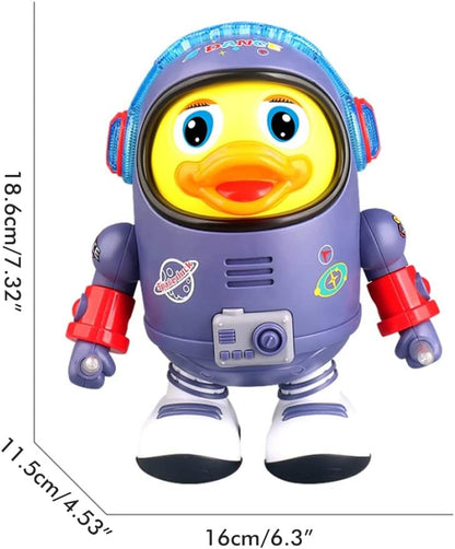 Toy duck in an astronaut suit with measurements on a white background