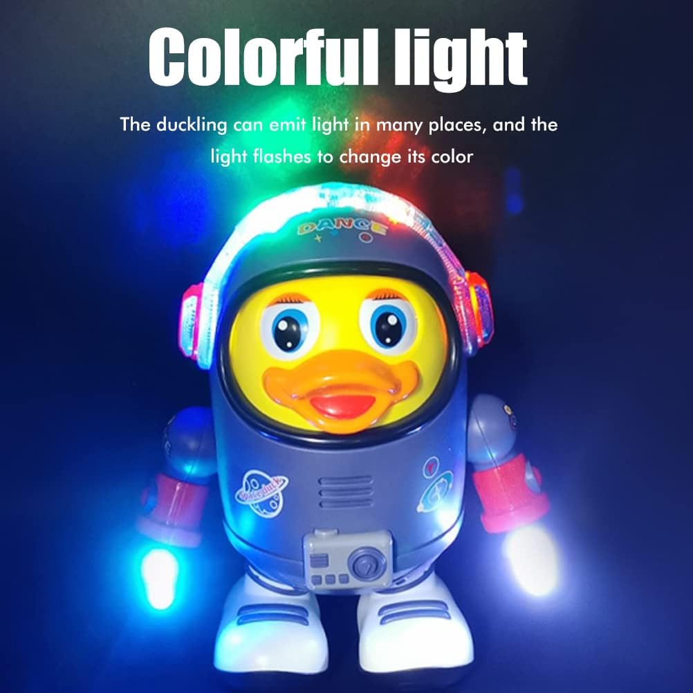 Toy duck in astronaut costume with colorful lights on a dark background